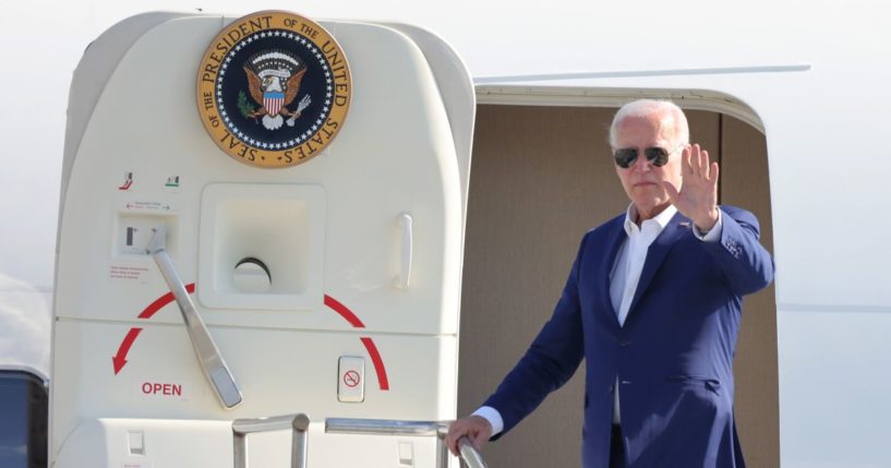 U.S. President Joe Biden waves as he embarks Air Force One as he prepares to depart Harrisburg International Airport on July 7, 2024 in Harrisburg, Pennsylvania.