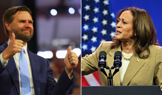 At left, the Republican vice presidential candidate, Sen. J.D. Vance, attends the first day of the Republican National Convention at the Fiserv Forum in Milwaukee on Monday. At right, Vice President Kamala Harris speaks during a campaign event at the Pennsylvania Convention Center in Philadelphia on Saturday.