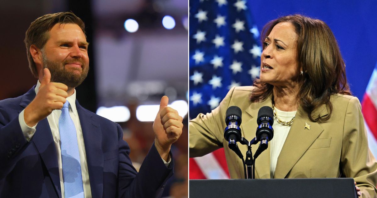 At left, the Republican vice presidential candidate, Sen. J.D. Vance, attends the first day of the Republican National Convention at the Fiserv Forum in Milwaukee on Monday. At right, Vice President Kamala Harris speaks during a campaign event at the Pennsylvania Convention Center in Philadelphia on Saturday.