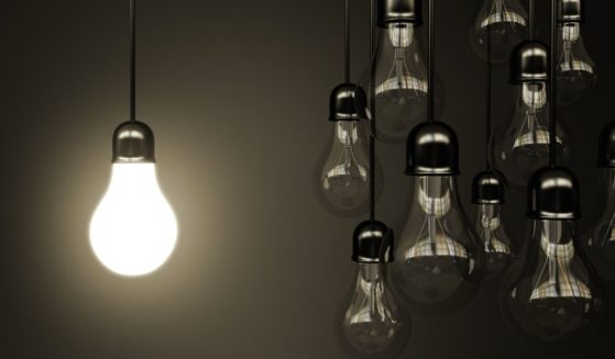 This image shows a group of hanging light bulbs that are turned off next to one that is turned on.