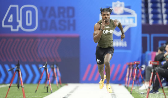 Oregon defensive back Khyree Jackson runs the 40-yard dash at the NFL football scouting combine, in Indianapolis on March 1.