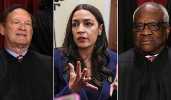Supreme Court Justices Samuel Alito, left, and Clarence Thomas, right, are targets of an impeachment drive by Democratic Rep. Alexandria Ocasio-Cortez, center.
