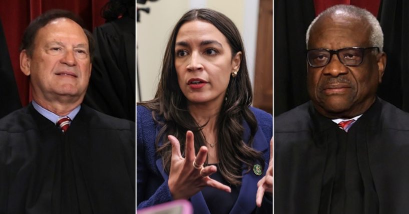 Supreme Court Justices Samuel Alito, left, and Clarence Thomas, right, are targets of an impeachment drive by Democratic Rep. Alexandria Ocasio-Cortez, center.