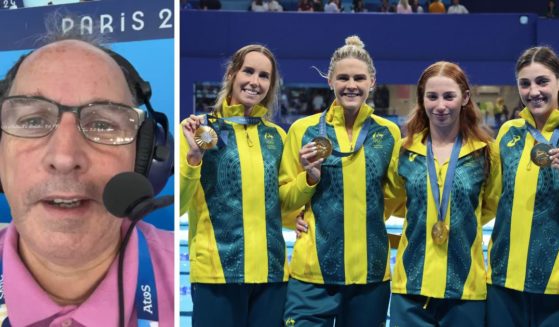 (L) Eurosports announcer Bob Ballard is shown in an X screen shot. (R) Gold Medalists, Emma McKeon, Shayna Jack, Mollie O'Callaghan and Meg Harris of team Australia celebrate gold medal at the end of Women's 4x100m freestyle relay final on day one of the Olympic Games Paris 2024 at Paris La Defense Arena on July 27, 2024 in Nanterre, France.