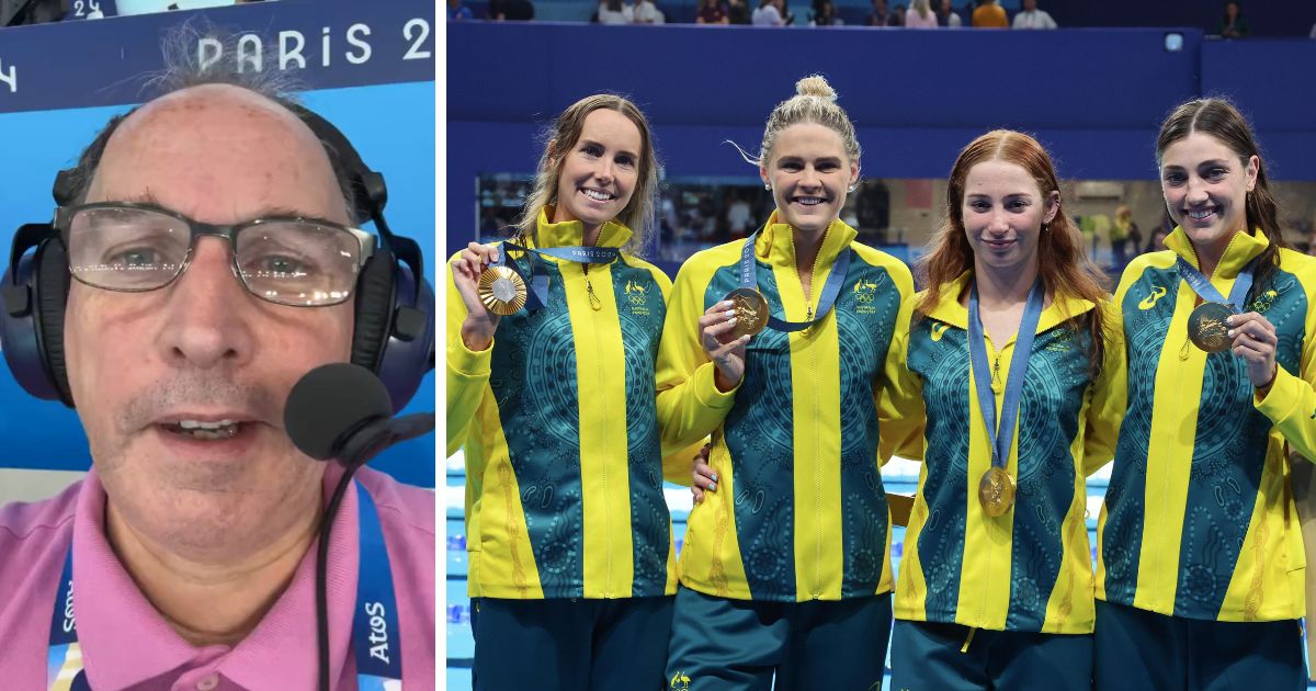 (L) Eurosports announcer Bob Ballard is shown in an X screen shot. (R) Gold Medalists, Emma McKeon, Shayna Jack, Mollie O'Callaghan and Meg Harris of team Australia celebrate gold medal at the end of Women's 4x100m freestyle relay final on day one of the Olympic Games Paris 2024 at Paris La Defense Arena on July 27, 2024 in Nanterre, France.