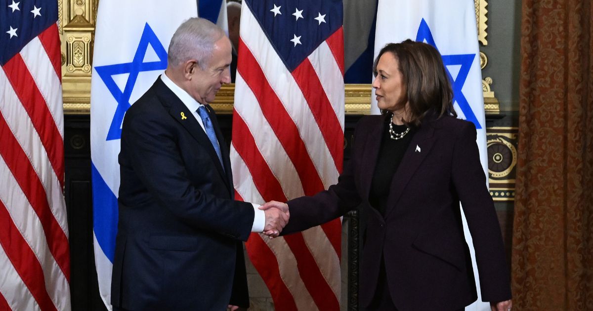 U.S. Vice President Kamala Harris and Israeli Prime Minister Benjamin Netanyahu shake hands before the start of a meeting in the Vice President's ceremonial office in the Eisenhower Executive Office Building on July 25, 2024 in Washington, DC.
