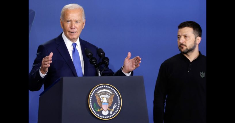 U.S. President Joe Biden and Ukraine President Volodymyr Zelenskyy participate in the launching of the Ukraine Compact at the 2024 NATO Summit on July 11, 2024 in Washington, DC.