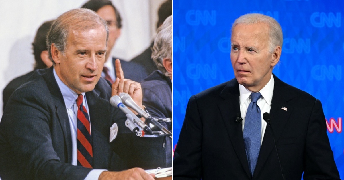 Then-Sen. Joe Biden, pictured in a 1991 file photo from the confirmation hearings for now-Supreme Court Justice Clarence Thomas; President Joe Biden, pictured on the debate state in Atlanta on June 27.