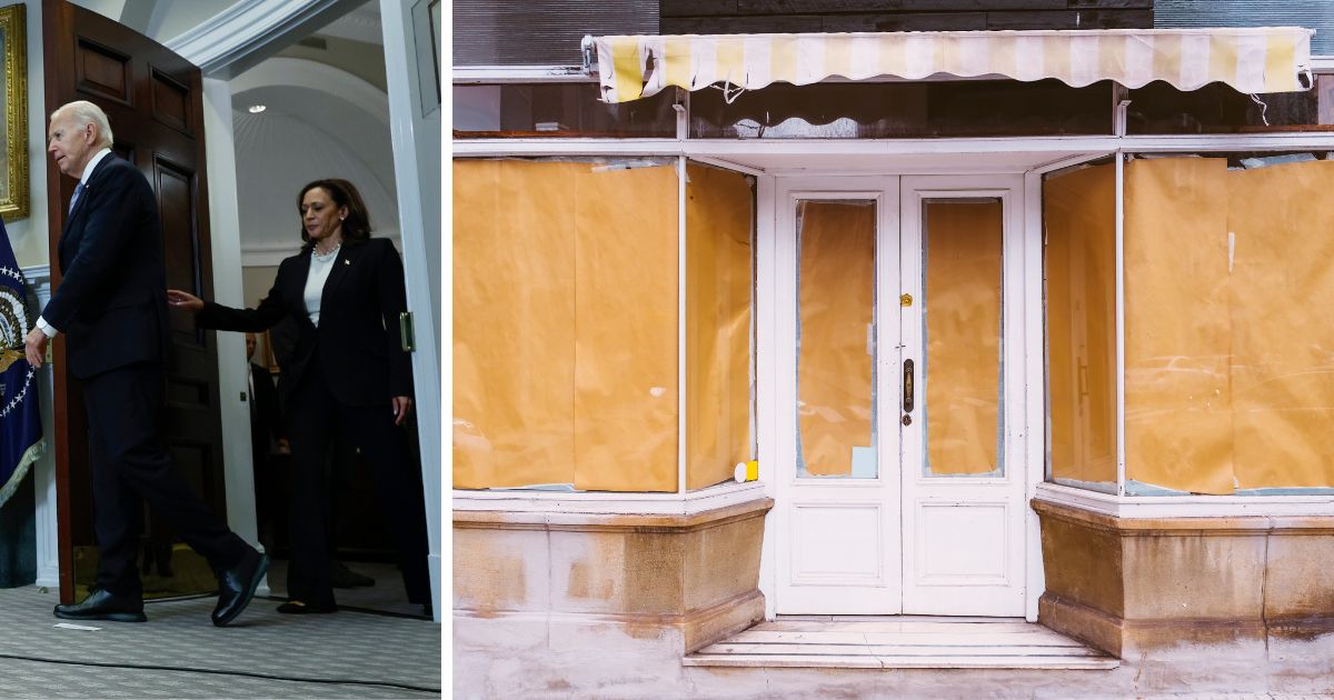 (L) U.S. President Joe Biden and U.S. Vice President Kamala Harris arrive to deliver remarks on the assassination attempt on Republican presidential candidate former President Donald Trump at the White House on July 14, 2024 in Washington, DC. (R) This Getty stock image shows a closed-up shop.