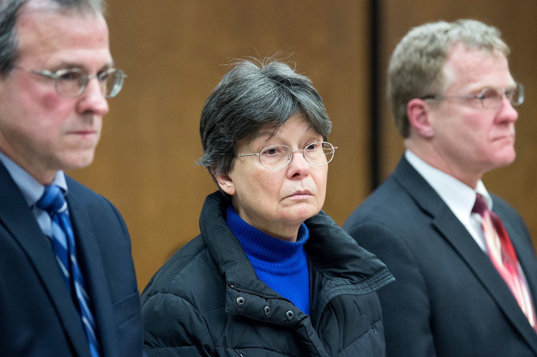 Linda Kosuda-Bigazzi, 70, center, appears at Bristol Superior Court, accused of murdering her husband, Dr. Pierluigi Bigazzi, in Bristol, Connecticut., on Feb. 13, 2018.