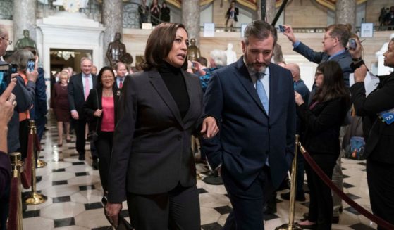 Then-Sen. Kamala Harris and Sen. Ted Cruz walk through Statuary Hall to the House Chamber for the State of the Union on February 4, 2020 in Washington, DC.