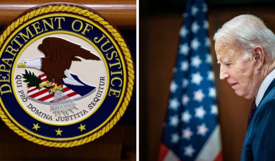 (L) A seal for the Department of Justice is seen on a podium ahead of a news conference with U.S. Attorney General Merrick Garland at the Department of Justice Building on March 21, 2024 in Washington, DC. (R) President Joe Biden is seen during a visit to Ottawa, Canada, on March 24, 2023.