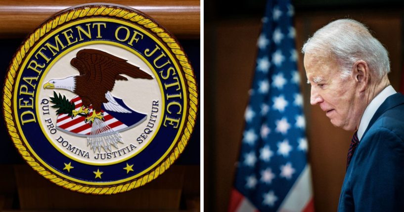 (L) A seal for the Department of Justice is seen on a podium ahead of a news conference with U.S. Attorney General Merrick Garland at the Department of Justice Building on March 21, 2024 in Washington, DC. (R) President Joe Biden is seen during a visit to Ottawa, Canada, on March 24, 2023.