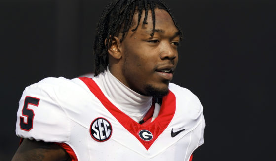Georgia wide receiver Rara Thomas warms up before an NCAA college football game against Vanderbilt, in Nashville, Tennessee, on Oct. 14, 2023.