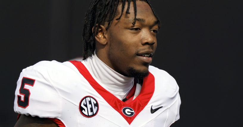 Georgia wide receiver Rara Thomas warms up before an NCAA college football game against Vanderbilt, in Nashville, Tennessee, on Oct. 14, 2023.