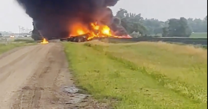 Smoke fills the sky after a train derailment on July 5 near Carrington, North Dakota.