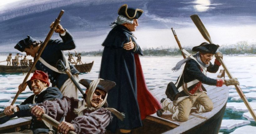 A painting depicting General George Washington's crossing of the Delaware River from on December 25, 1776 between Pennsylvania and New Jersey.