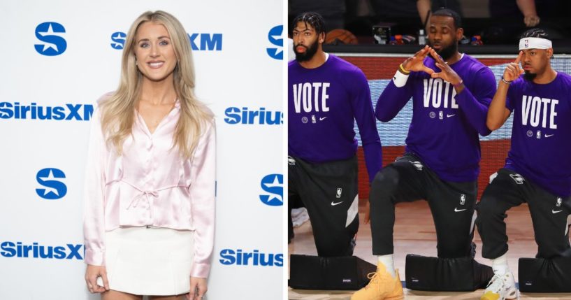 (L) Riley Gaines visits The Megyn Kelly Show at the SiriusXM Studios on May 20, 2024 in New York City. (R) LeBron James #23 of the Los Angeles Lakers, Anthony Davis #3 of the Los Angeles Lakers and Frank Vogel (not pictured) of the Los Angeles Lakers kneel during the National Anthem prior to the start of the game aMiami Heat in Game Six of the 2020 NBA Finals at AdventHealth Arena at the ESPN Wide World Of Sports Complex on October 11, 2020 in Lake Buena Vista, Florida.