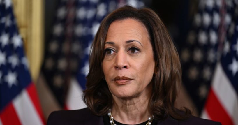 Vice President Kamala Harris speaks to reporters after meeting with Israeli Prime Minister Benjamin Netanyahu in the Vice President's ceremonial office in the Eisenhower Executive Office Building in Washington, D.C., on July 25.