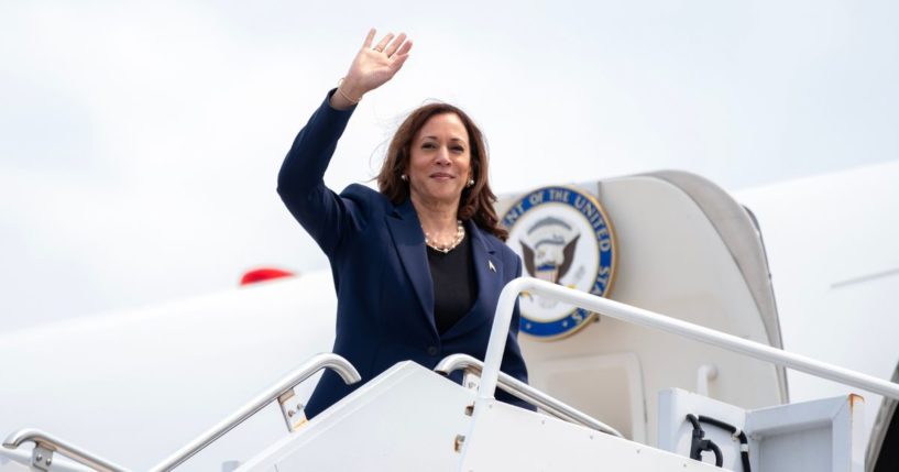 Vice President Kamala Harris departs Milwaukee Mitchell International Airport aboard Airforce 2, after speaking at a campaign rally inside West Allis Central High School on July 23, 2024 in Milwaukee, Wisconsin.