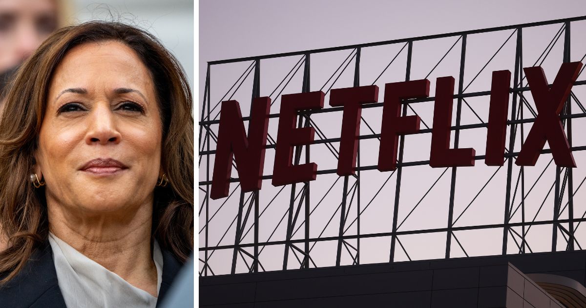(L) U.S. Vice President Kamala Harris attends an NCAA championship teams celebration on the South Lawn of the White House on July 22, 2024 in Washington, DC. (R) The Netflix logo is displayed at its corporate offices on September 25, 2023 in Los Angeles, California.