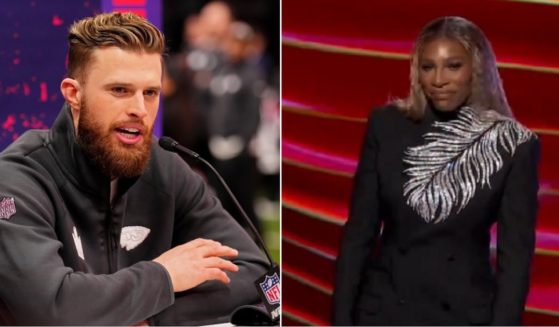 Harrison Butker of the Kansas City Chiefs is pictured, left, in a file photo during Super Bowl LVIII Opening Night at Allegiant Stadium on Feb. 5 in Las Vegas; retired women's tennis great Serena Williams, right. at Thursday's ESPYs.