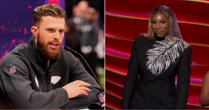 Harrison Butker of the Kansas City Chiefs is pictured, left, in a file photo during Super Bowl LVIII Opening Night at Allegiant Stadium on Feb. 5 in Las Vegas; retired women's tennis great Serena Williams, right. at Thursday's ESPYs.