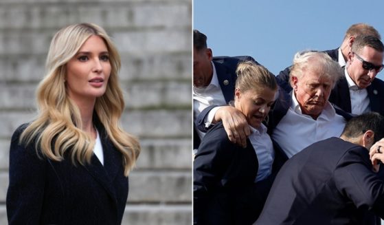 Ivanka Trump, elder daughter of former President Donald Trump, is pictured left, in a November file photo; former President Donald Trump is pictured right being rushed from the stage after an assassination attempt Saturday in Butler, Pennsylvania.