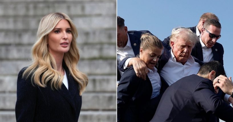 Ivanka Trump, elder daughter of former President Donald Trump, is pictured left, in a November file photo; former President Donald Trump is pictured right being rushed from the stage after an assassination attempt Saturday in Butler, Pennsylvania.