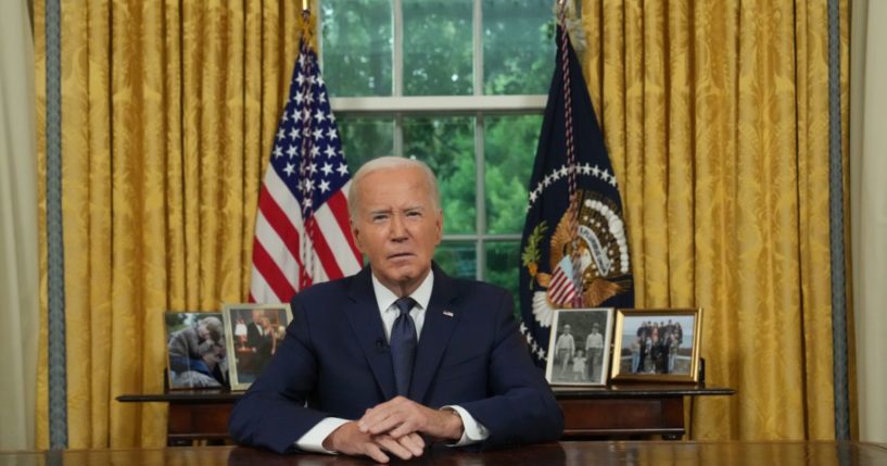 U.S. President Joe Biden delivers a nationally televised address from the Oval Office of the White House on July 14, 2024 in Washington, DC.