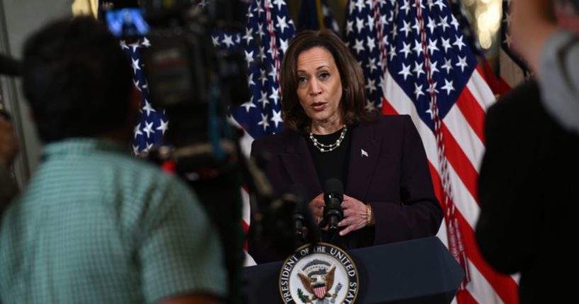 U.S. Vice President Kamala Harris speaks to reporters after meeting with Israeli Prime Minister Benjamin Netanyahu in the Vice President's ceremonial office in the Eisenhower Executive Office Building on July 25, 2024 in Washington, DC.