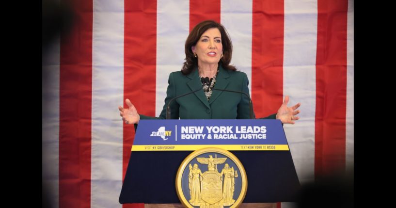 New York Gov. Kathy Hochul speaks during a press conference and signing of legislation creating a commission for the study of reparations in New York on December 19, 2023 in New York City.