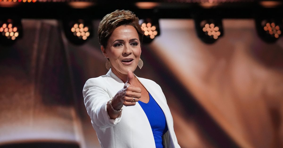 Arizona Republican U.S. Senate candidate Kari Lake appears on stage on the second day of the Republican National Convention at the Fiserv Forum on July 16, 2024 in Milwaukee, Wisconsin.