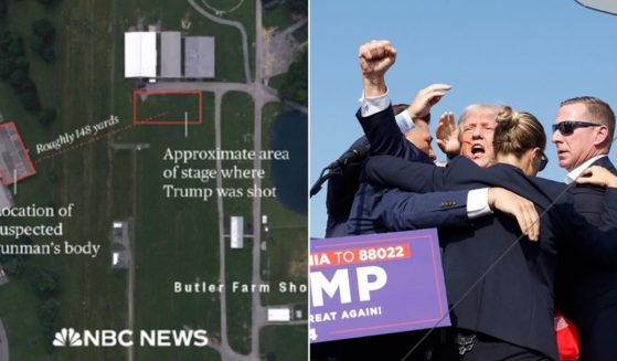 A map published by NBC shows the location of the gunman in Saturday's assassination attempt on former President Donal Trump, left; Trump pumps his fist in the air in the immediate aftermath of the shooting, right.