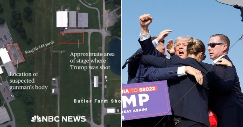 A map published by NBC shows the location of the gunman in Saturday's assassination attempt on former President Donal Trump, left; Trump pumps his fist in the air in the immediate aftermath of the shooting, right.