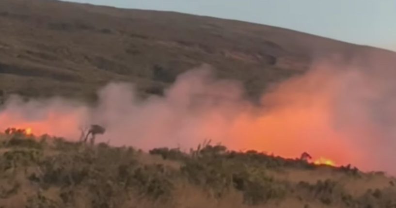 This YouTube screen shot shows a fire on Crater Road on the Hawaiian island of Maui on July 10, 2024.