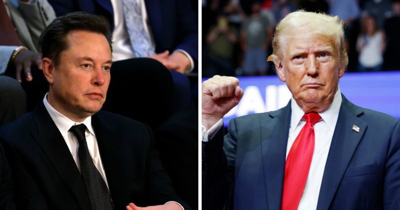 (L) Tesla CEO Elon Musk listens as Israeli Prime Minister Benjamin Netanyahu addresses a joint meeting of Congress in the chamber of the House of Representatives at the U.S. Capitol on July 24, 2024 in Washington, DC. (R) Republican presidential nominee, former U.S. President Donald Trump speaks during a campaign rally at the Van Andel Arena on July 20, 2024 in Grand Rapids, Michigan.