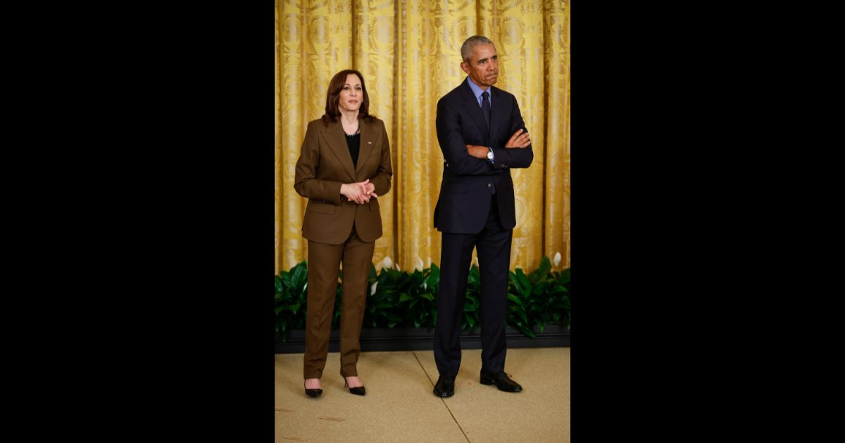 (L-R) Vice President Kamala Harris and former President Barack Obama attend an event to mark the 2010 passage of the Affordable Care Act in the East Room of the White House on April 5, 2022 in Washington, DC.