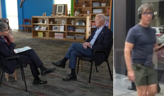 ABC News' George Stephanopoulos interviews President Joe Biden on Friday, left. Stephanopoulos is caught on camera on a New York Street on Tuesday, right.