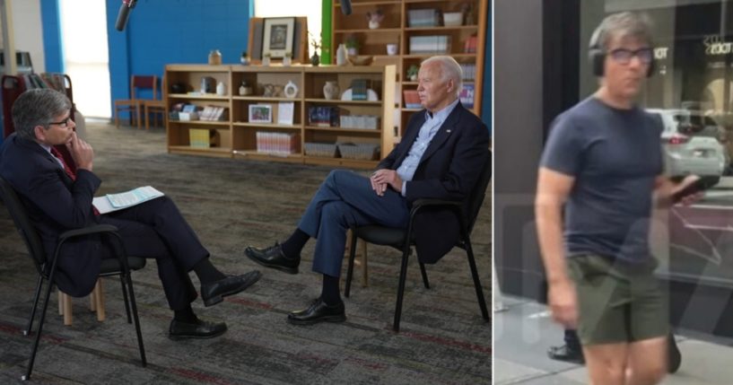 ABC News' George Stephanopoulos interviews President Joe Biden on Friday, left. Stephanopoulos is caught on camera on a New York Street on Tuesday, right.