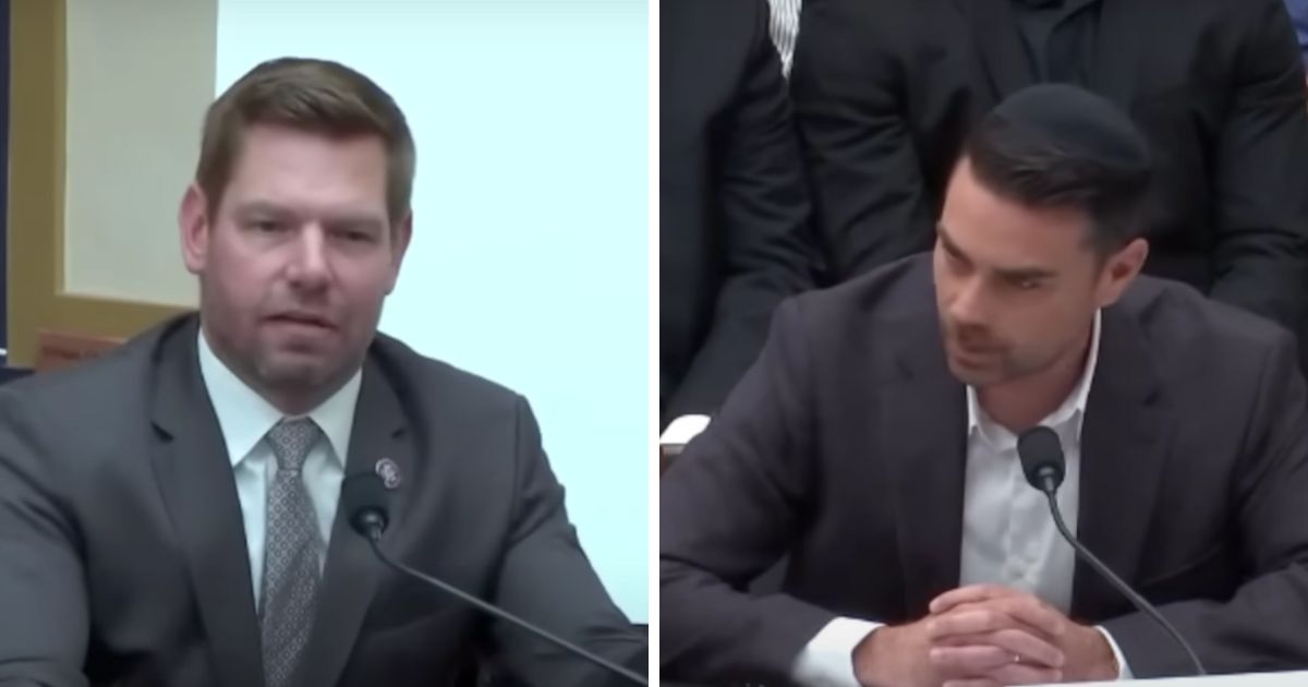These YouTube screen shots show Dem. Rep. Eric Swalwell (L) and Daily Wire star Ben Shapiro (R) during a House Judiciary Committee hearing on July 10, 2024.