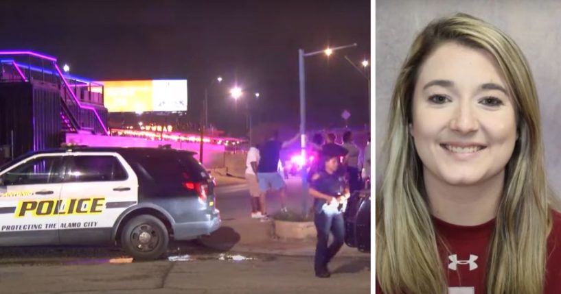 These YouTube screen shots show San Antonio police responding to a shooting, left, that killed Ayden Rose Burt, right, at Smoke Skybar in San Antonio, Texas, on July 23.