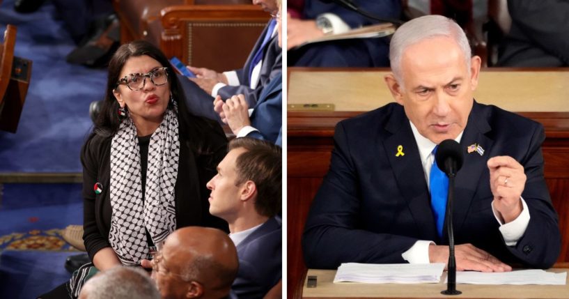 (L) U.S. Rep. Rashida Tlaib (D-MI) arrives for the Israeli Prime Minister Benjamin Netanyahu address to a joint meeting of Congress in the chamber of the House of Representatives at the U.S. Capitol on July 24, 2024 in Washington, DC. (R) Israeli Prime Minister Benjamin Netanyahu addresses a joint meeting of Congress in the chamber of the House of Representatives at the U.S. Capitol on July 24, 2024 in Washington, DC.