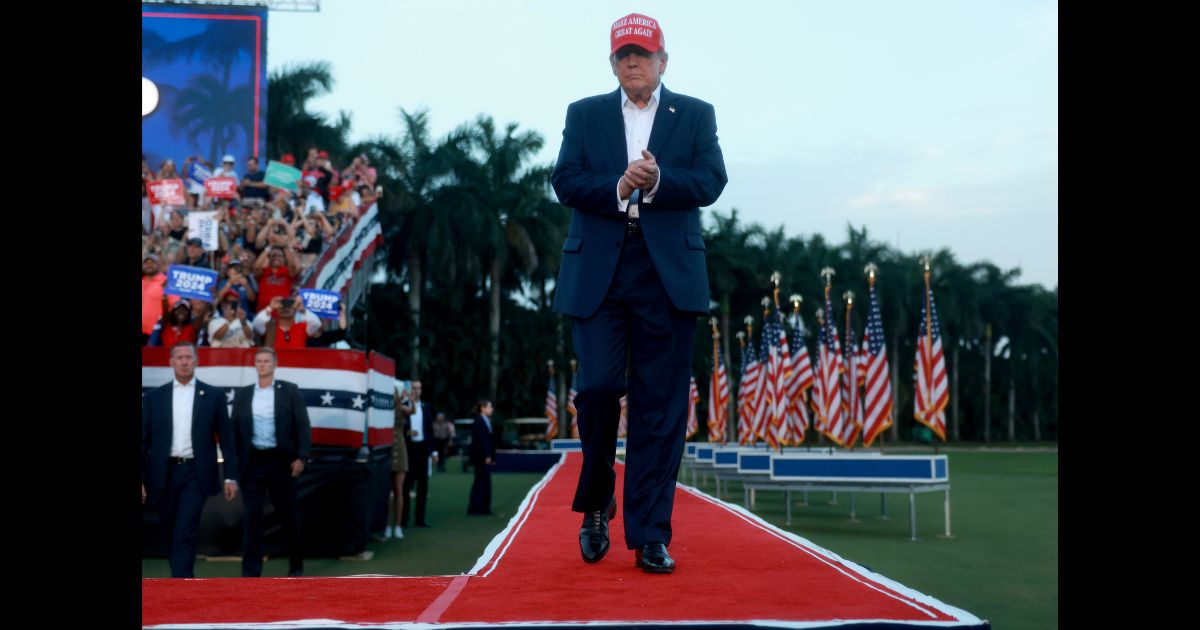 Former President Donald Trump arrives for his campaign rally at the Trump National Doral Golf Club on July 9, 2024 in Doral, Florida. Trump continues to campaign across the country.