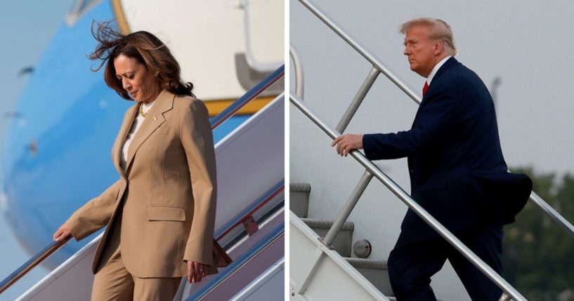 Vice President Kamala Harris, left, returns to Joint Base Andrews in Maryland after attending a campaign fundraising event in Massachusetts on July 27. Former President Donald Trump, right, boards his private airplane, also known as Trump Force One, as he departs Atlanta Hartsfield-Jackson International Airport on Aug. 24, 2023 in Atlanta, Georgia.