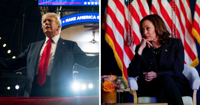 (L) U.S. Republican Presidential nominee former President Donald Trump arrives at his campaign rally at the Bojangles Coliseum on July 24, 2024 in Charlotte, North Carolina. (R) US Vice President Kamala Harris attends a moderated conversation with former Trump administration national security official Olivia Troye and former Republican voter Amanda Stratton on July 17, 2024 in Kalamazoo, Michigan.