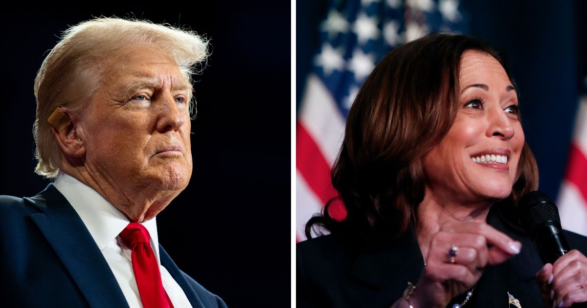 (L) U.S. Republican Presidential nominee former President Donald Trump speaks to attendees during his campaign rally at the Bojangles Coliseum on July 24, 2024 in Charlotte, North Carolina. (R) US Vice President Kamala Harris attends a moderated conversation with former Trump administration national security official Olivia Troye and former Republican voter Amanda Stratton on July 17, 2024 in Kalamazoo, Michigan.