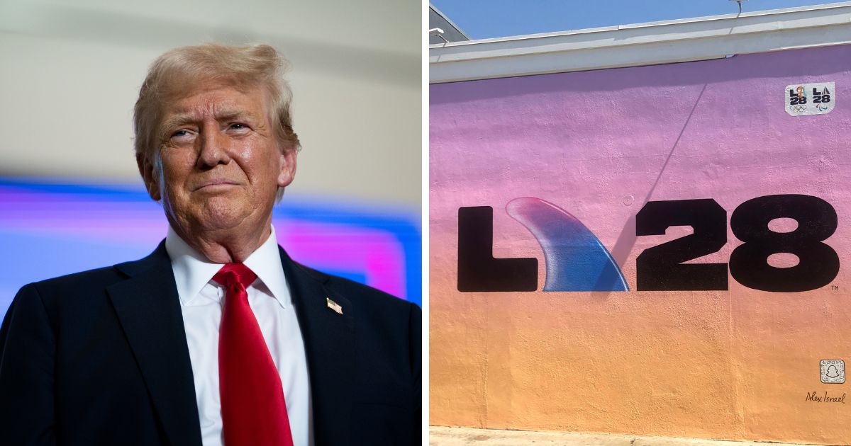 (L) U.S. Republican Presidential nominee former President Donald Trump arrives to speak during a rally at Herb Brooks National Hockey Center on July 27, 2024 in St Cloud, Minnesota. (R) A mural in Venice Beach with an LA28 logo designed by Multimedia artist Alex Israel on September 2, 2020. His ‘A’ design for LA28 represents a surfboard fin. The LA28 logo is for the Games of the XXXIV Olympiad hosted by Los Angeles in 2028.