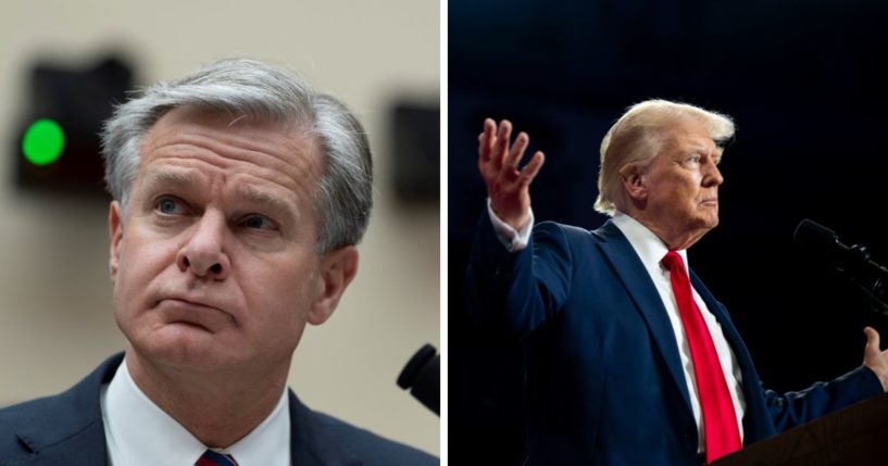 (L) FBI Director Christopher Wray appears before the House Judiciary Committee on Capitol Hill in Washington, DC, on July 24, 2024. (R) U.S. Republican Presidential nominee former President Donald Trump arrives at his campaign rally at the Bojangles Coliseum on July 24, 2024 in Charlotte, North Carolina.