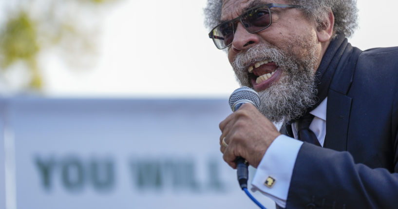 Progressive activist Cornel West speaks at a demonstration in Union Park outside the Democratic National Convention Wednesday, August 21, 2024, in Chicago.